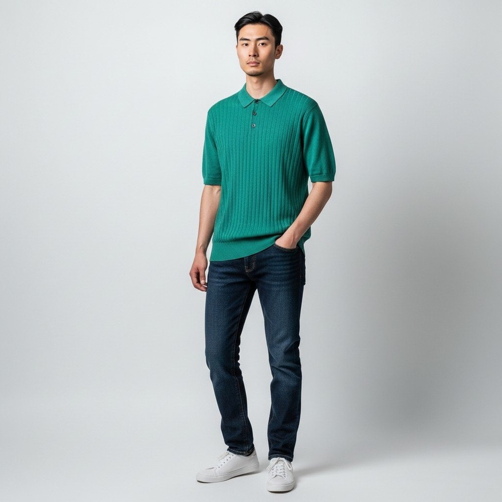 Banana Republic Knit Polo M Green Silk Linen Ribbed Short Sleeve Button Shirt